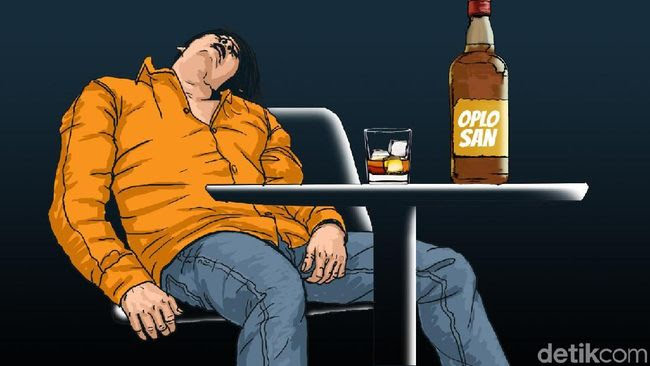 "Ilustrasi seorang pria tak sadarkan diri setelah mengonsumsi minuman keras oplosan, duduk di dekat botol dan gelas berisi alkohol."