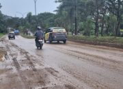 Alt text: Kondisi jalan di Kilometer 16, Kota Sorong, tampak berlumpur dan licin akibat tumpahan tanah dari truk proyek pembangunan gedung pemerintahan. Seorang pengendara motor terlihat berhati-hati melintasi jalan yang kotor dan berbahaya.